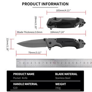 Cuchillo Plegable Táctico de Supervivencia y Rescate EDC con Hoja de Acero 3cr13 con Recubrimiento Negro OEM, Mango G10 y Rompecristales - Product Image 2