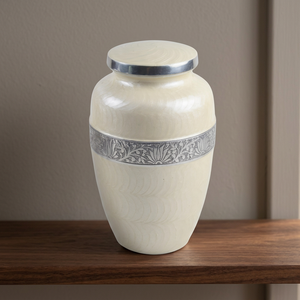 Urna Funeraria Beige con Banda Plateada, Urna Conmemorativa Redonda para Cenizas, Florero Decorativo para Uso Funerario - Artesanía India - Product Image 4