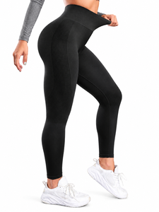 Leggings de sport côtelés taille haute pour le yoga, longueur intégrale, sans couture, noirs, en Spandex/Polyester, extensibles dans les quatre sens - Product Image 1