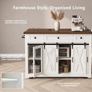 K&K 58 Inch Farmhouse Kitchen Island With <b>Sliding</b> <b>Barn</b> <b>Door</b> Metal Grid Side <b>Door</b> Rolling On Wheels - Product Image 4