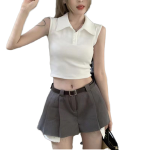 Women's White Sleeveless Polo Neck Crop <b>Top</b> Solid Color <b>Preppy</b> Style Slim Fit Spring Summer Woven Poplin Shirt - Product Image 1