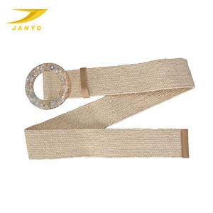 Cinturón de <span class=keywords><strong>Rafia</strong></span> Tejida Beige para Mujer, Diseño Personalizado OEM de Fábrica, Hebilla Redonda de Resina con Mosaico, Cinturón Ancho Ajustable de Paja para Vestidos de Verano - Product Image 2