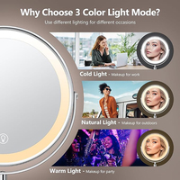 Miroir de salon miniature cosmétique rechargeable, réglable en hauteur, double face, grossissement 1x/10x, éclairage LED à 3 couleurs réglables, 8 pouces