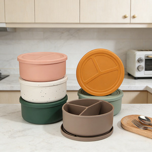 Round Silicone <b>Lunch</b> <b>Box</b> Three <b>Compartments</b> With Lid Insulated Food Grade Bento <b>Box</b> For Adults And Kids - Product Image 3