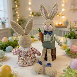 Figurine de lapin en peluche douce de dessin animé, couple de lapins de Pâques, décor de maison printanier, avec pot de fleurs en forme de carotte, vente en gros - Product Image 5
