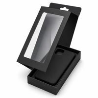Boîte d'emballage pour téléphone portable en papier noir avec fenêtre transparente en PVC, languette de suspension, logo personnalisé, boîte de présentation pour accessoires mobiles