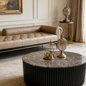 Tavolino da Caffè Moderno e Minimalista con Piano in Marmo e Base Nera Scanalata, Mobile di Lusso di Grande Successo per Soggiorno - Product Image 2