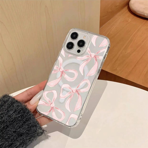 Custodia per telefono alla moda <span class=keywords><strong>rosa</strong></span> con fiocco per <span class=keywords><strong>iPhone</strong></span> 16 Plus 15 17 Pro Max 14 <span class=keywords><strong>13</strong></span> 12, cover posteriore magnetica trasparente IMD - Product Image 5