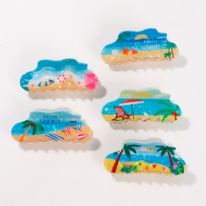 Số lượng lớn 2025 thiết kế mới kỳ nghỉ Hawaii phụ nữ phụ kiện màu xanh đại dương biển cọ bãi biển in hình dạng đám mây 10.2cm PVC tóc Claw Clip - Product Image 6