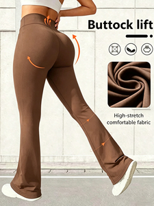 High Waist Flared Leg Yoga <b>Leggings</b> Full Length Solid Color Stretchy Fabric Seamless Design <b>Brown</b> - Product Image 4