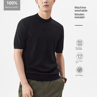 Sweater Wol Merino Murni 100S yang Dapat Dicuci dengan Mesin, Kaos Lengan Pendek Kerah Bulat, Kaos Rajut Pria dengan Pinggiran Bergaris Tipis
