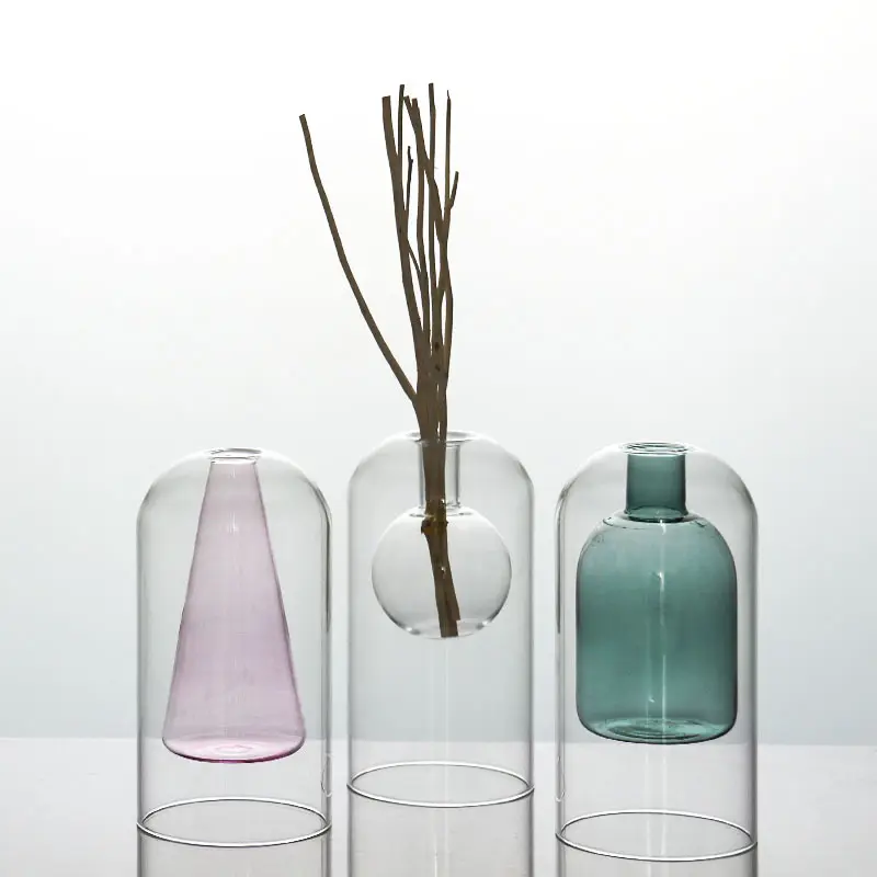 Wholesale Borosilicate 100 ml 100ml Double Wall Empty Clear Pink Blue Home Decorative Glass Reed Diffuser Bottle