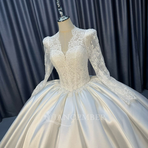 Lscm117 Elegant Ivory <b>Sheer</b> Lace <b>Long</b> <b>Sleeve</b> Beaded Corset Minimalist Satin Ball Gown Wedding Dress Train Jancember - Product Image 3