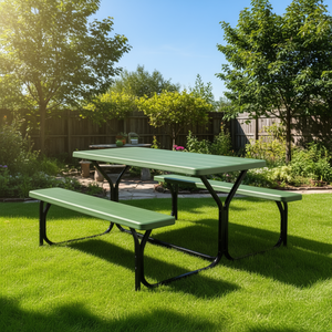 Ensemble table et banc de pique-nique pliables portables en métal vert pour l'extérieur, utilisation en cour et dans le jardin - Product Image 2