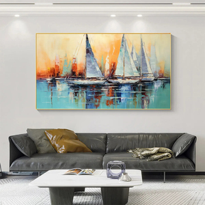 <span class=keywords><strong>Peinture</strong></span> à l'huile <span class=keywords><strong>de</strong></span> bateau à voile au coucher du soleil, art mural côtier panoramique, bleu orange, <span class=keywords><strong>peinture</strong></span> à la main abstraite, art mural texturé 3D - Product Image 1