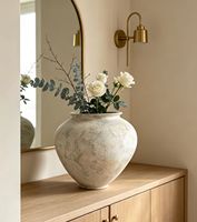 Vas Keramik Antik Warna Beige Putih Krem, Vas Tembikar Bundar Rustic Buatan Tangan, Pot Keramik Berbintik Warna Beige Putih Krem Tua
