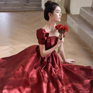 Robe de mariée élégante de style français <span class=keywords><strong>en</strong></span> cachemire rouge avec volants, longueur au sol, petite mariée, princesse <span class=keywords><strong>en</strong></span> fuite, fiançailles, cérémonie haut de gamme pour adultes - Product Image 2