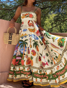 Abito lungo da donna con stampa Tropical Paradise, spalline sottili, linea ad A, per vacanze - Product Image 1