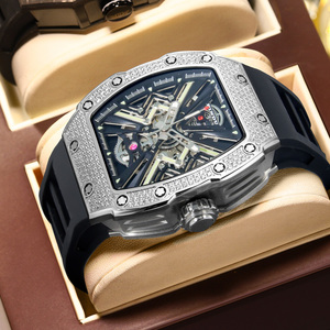 Montre automatique mécanique de luxe pour homme PINDU, boîtier tonneau, entièrement sertie de diamants, squelette, bracelet en silicone, lumineuse, étanche - Product Image 1