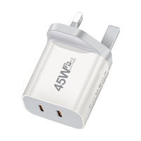 Pengisi Daya USB C Gan 45W PD 3.0, Pengisian Cepat Tipe C, Adaptor Pengisi Daya Dinding Dua Port dengan Colokan EU US UK AUS untuk iPhone Samsung Laptop