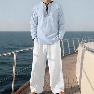 ชุดเสื้อโปโลสองชิ้นผ้าลินินสีบล็อกสีสำหรับผู้ชายชุดเสื้อผ้ามุสลิมแบบดั้งเดิมสไตล์ชายหาด - Product Image 1