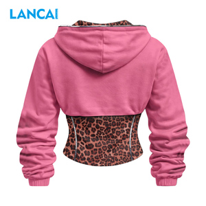 2026 Autumn/Winter Leopard Print Patchwork Terry Hoodie Embroidered Custom <b>Sequined</b> Front and Back Logo Breathable Sweatershirt - Product Image 2