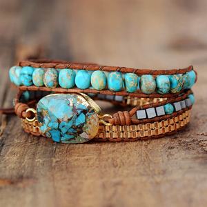 Handmade Multicolor <b>Gemstone</b> <b>Bracelet</b> Natural Turquoise Bohemian Tube Beads with Leather Wrap Unisex Design for Women & More - Product Image 6