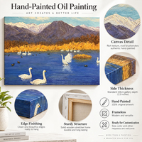 Peinture à l'huile décorative sur toile : Lac des cygnes, automne, arbres dorés, montagnes violettes, art mural