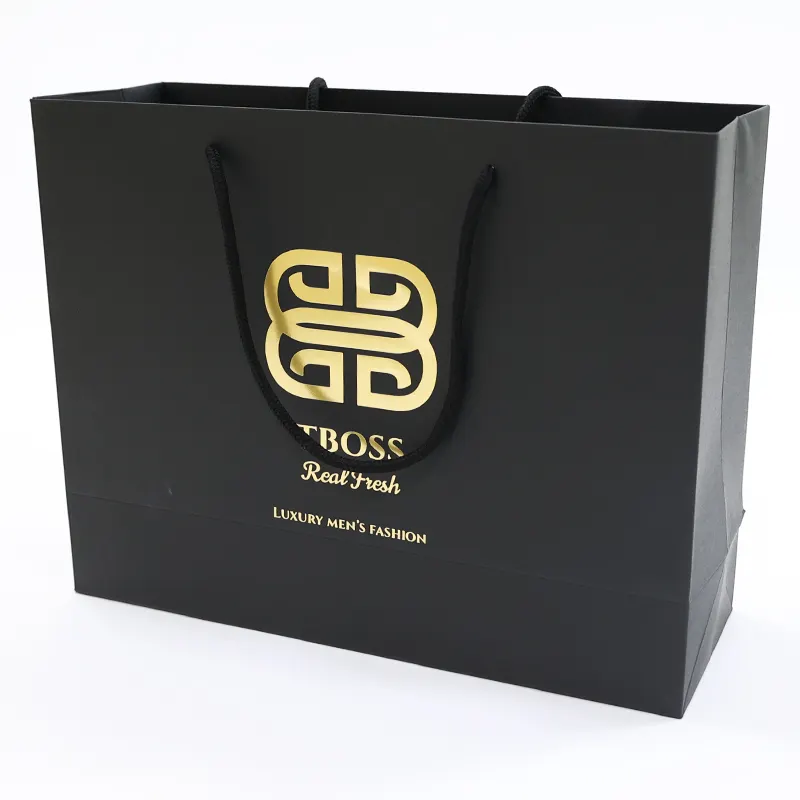 Luxe Gouden Foliedruk Custom Tassen Logo Winkelen Zwart Karton Papier Zakken Met Uw Eigen Logo