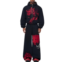 VENLEAG Setelan Training Pria Rajut Termal Musim Gugur Bahan Polyester/Katun Warna Hitam Model Longgar dengan Ritsleting dan Cetakan Grafis Streetwear Kasual