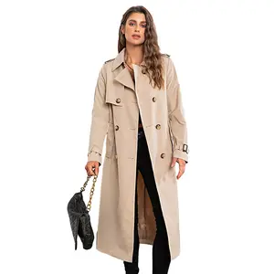Trench Coat Ladies Jacket Explosion Models Pocket Woven Long Sleeve Autumn and Winter Women&#39;s Long-sleeved Lapel Solid Color