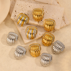 Shell Pattern <b>Titanium</b> Steel <b>Stud</b> Earrings 18k Gold Plated With Diamonds Fashionable Elegant Retro Women's Party Jewelry - Product Image 2