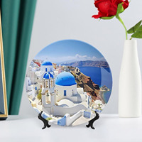 Santorin Grèce Assiette décorative en porcelaine sur mesure Assiette décorative ronde en céramique avec présentoir pour décoration murale de bureau à domicile