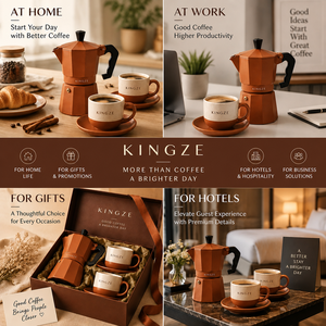 Coffret Cadeau Café Kingze : Cafetière <span class=keywords><strong>Moka</strong></span> en Aluminium avec Logo Personnalisé, Tasse et Soucoupe en Céramique, Machine à Expresso pour Plaque de Cuisson – OEM/ODM pour Marques et Hôtels - Product Image 5
