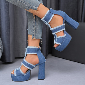 New Jeans Plus Size Women's Summer Heeled <b>Sandals</b> With Chain Back Zipper - Product Image 3