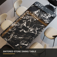 Ensemble de table à manger moderne en acier inoxydable noir avec plateau en pierre frittée, aspect marbre de luxe, base sur piétement octogonal, meubles de salon