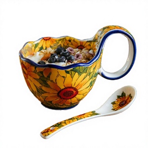 Sunflower Pattern 450ml Underglaze European Style Large Ceramic Mug Yogurt Bowl Spoon Dishwasher Microwave Safe Hot Drinks Gift - Product Image 3
