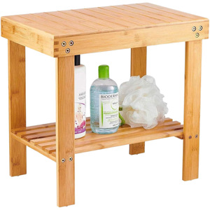 Banc de salle de bain en bambou avec étagère de rangement, tabouret de douche en bois à 2 niveaux pour salle de bain - Product Image 5