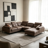 Canapé d'angle en cuir marron, aspect cuir, avec appui-tête réglable, pour salon moderne
