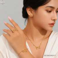 Ensemble de bijoux en acier inoxydable plaqué or 18 carats avec zircon pour femmes, ensembles de bijoux tendance, boucles d'oreilles, collier, bracelet, vente en gros