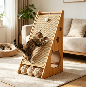 Maison à gratter en bois naturel OEM personnalisée avec tapis à gratter en sisal et jouets interactifs pour chatons, mobilier d'intérieur pour animaux de compagnie, vente en gros - Product Image 1