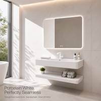 Ensemble de meuble-lavabo mural moderne avec vasque flottante en quartz technique, miroir intelligent LED et fonction anti-buée, pour appartement et villa