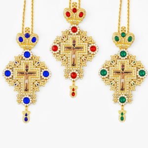 HT工厂销售新设计希腊镀金大尺寸合金东正教主教胸前十字项链与彩色石头 - Product Image 4