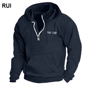 Sudadera con capucha con cremallera y corte holgado respetuoso con el medio ambiente y transpirable de manga larga de Color sólido para hombre de otoño e invierno con logotipo bordado personalizado - Product Image 1