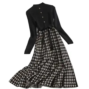 Fashional OEM& ODM Custom Longs Sleeve Houndstooth With Belt Women'S Sweaters Dresses