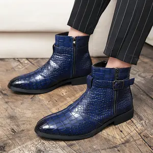 欧美时尚鳄鱼纹男士皮靴尖头切尔西靴套穿奢华男士踝裙鞋