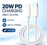 Kabel Data Pengisian Daya 20W PD USB C ke 8-Pin 3A TPE Lembut USB 2.0 480Mbps 1M 1.5M 2M Grosir