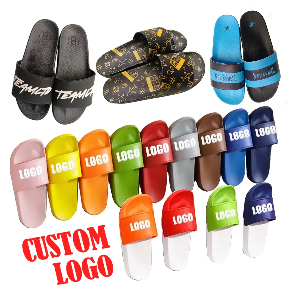 Equipo promocional al aire libre para hombre diapositivas de color con logotipo 3D impreso en relieve exterior de cuero Pvc Eva PE sandalias zapatillas personalizadas