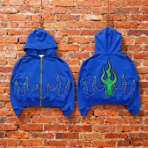 Wholesale Custom Heavyweight Oversize Cotton Acid <b>Washed</b> Hoodie Vintage Rhinestone Puff Printing Drop Shoulder Embroidered - Product Image 2