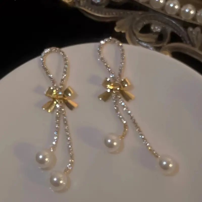 Fashion bling diamond long chain bow pearl earrings 18k gold plated korean butterfly fine jewelry earrings for women luxury 2023